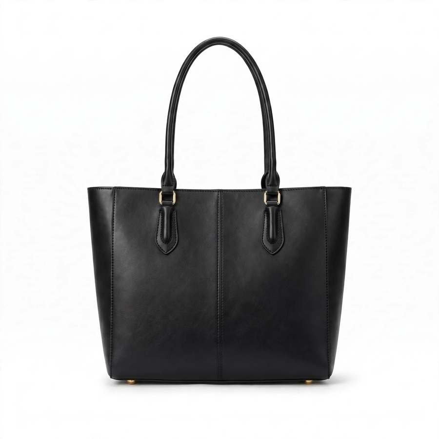Women's Vintage PU Leather Tote Bag – Large Capacity Black Shoulder Handbag, Open Top, Gold Accents
