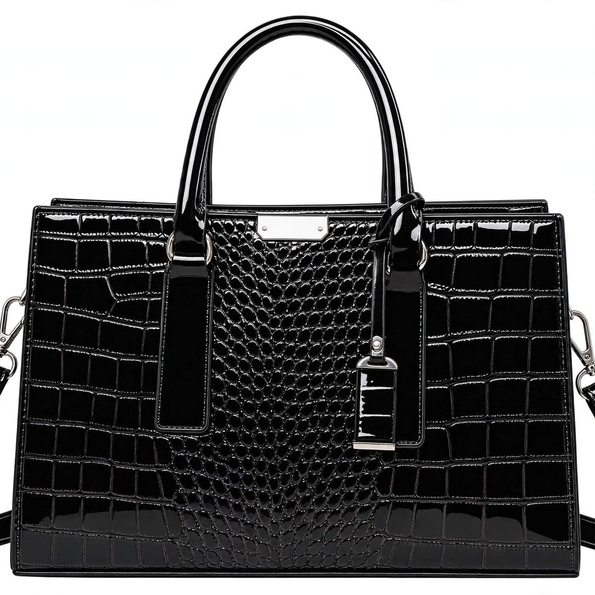 Women's black crocodile embossed glossy faux-leather tote bag, front view