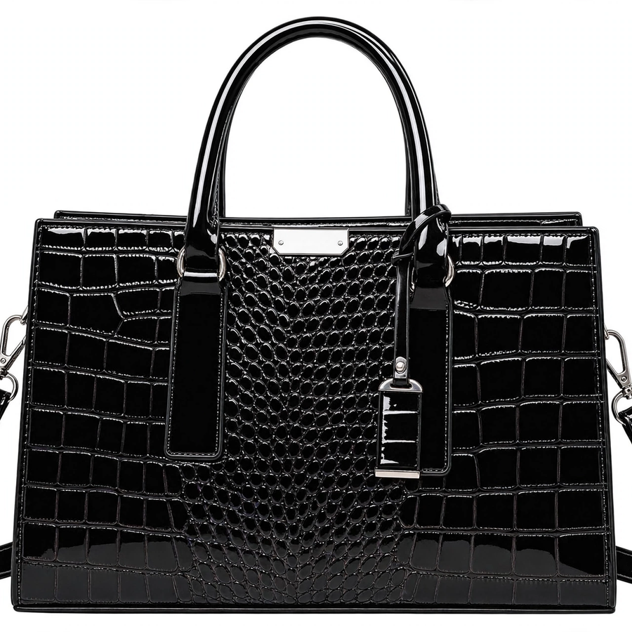 Women's Crocodile Embossed Tote Bag – Black Glossy Faux-Leather Handbag with Shoulder Strap