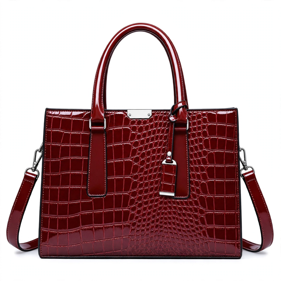 Women's Crocodile Embossed Tote Bag – Burgundy Glossy Faux-Leather Handbag with Shoulder Strap