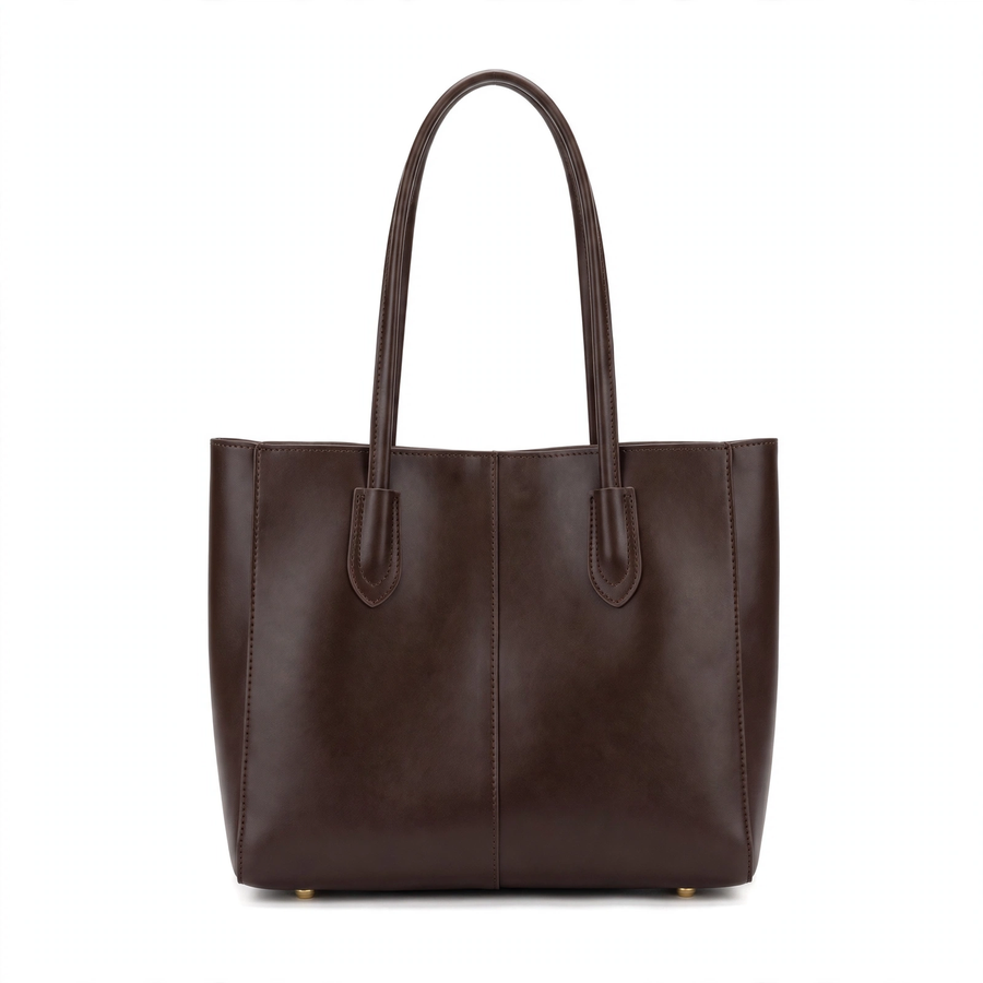 Women's Vintage PU Leather Tote Bag – Large Capacity Coffee Brown Shoulder Handbag, Open Top
