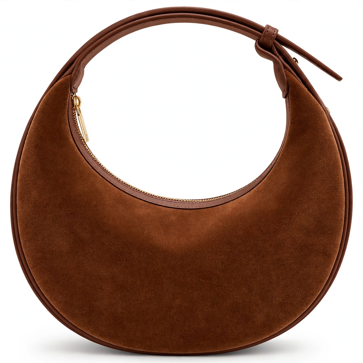 Women's bronze velvet crescent shoulder bag, front view