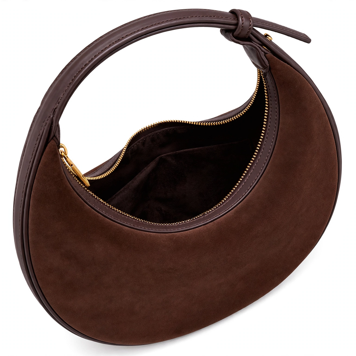 Women's dark brown velvet crescent shoulder bag, gold zipper detail view