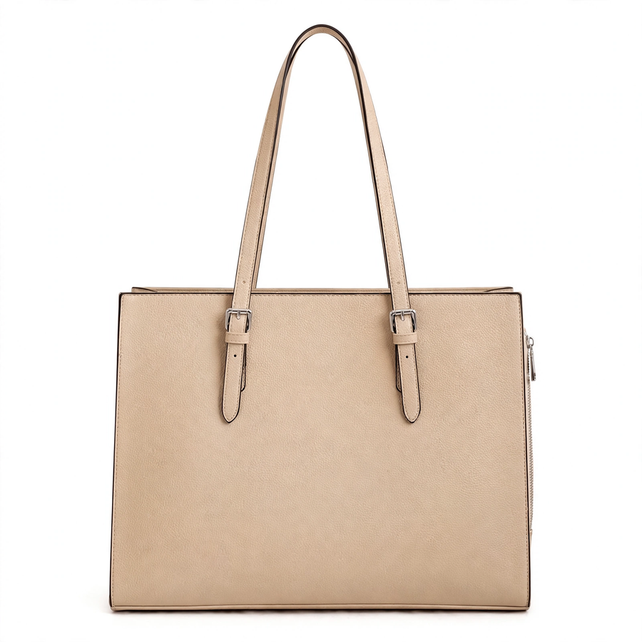 Women's 15.6 Inch Laptop Tote Bag – Beige PU Handbag with Multiple Compartments, Buckle Straps
