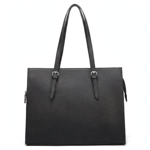 Women's 15.6 Inch Laptop Tote Bag – Black PU Handbag with Multiple Compartments, Buckle Straps