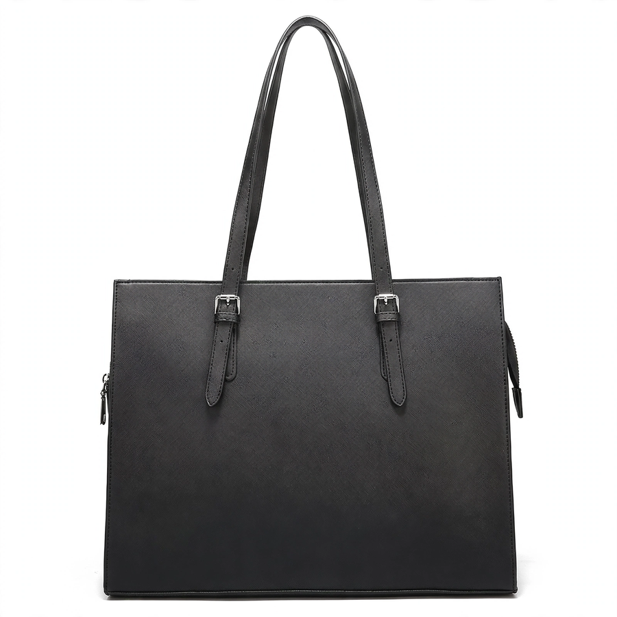 Women's 15.6 Inch Laptop Tote Bag – Black PU Handbag with Multiple Compartments, Buckle Straps