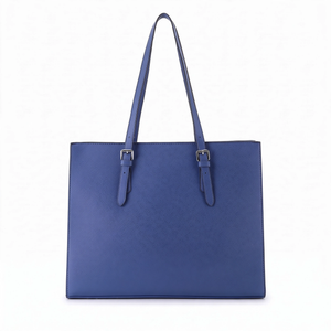 Women's 15.6 Inch Laptop Tote Bag – Blue PU Handbag with Multiple Compartments, Buckle Straps