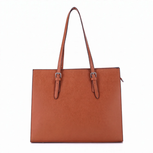 Women's 15.6 Inch Laptop Tote Bag – Brown PU Handbag with Multiple Compartments, Buckle Straps