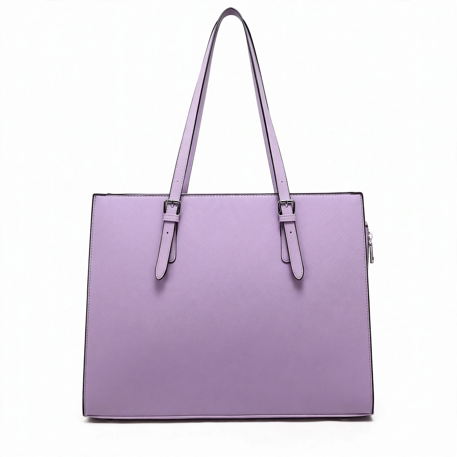 Women's 15.6 Inch Laptop Tote Bag – Purple PU Handbag with Multiple Compartments, Buckle Straps