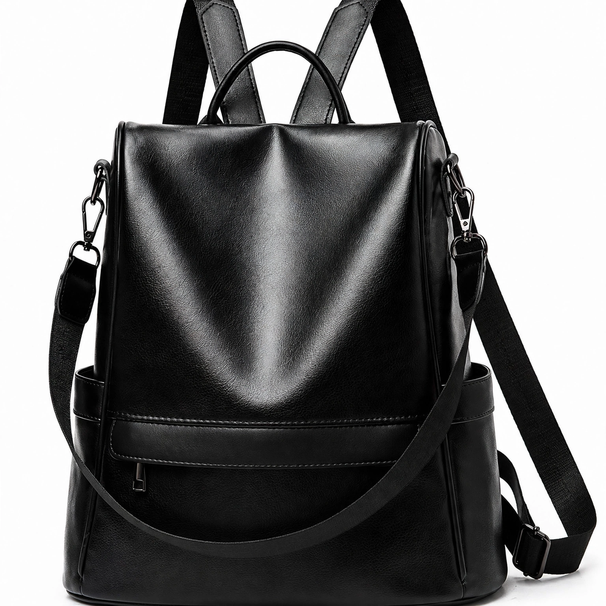 Women's black leather mini backpack, front view