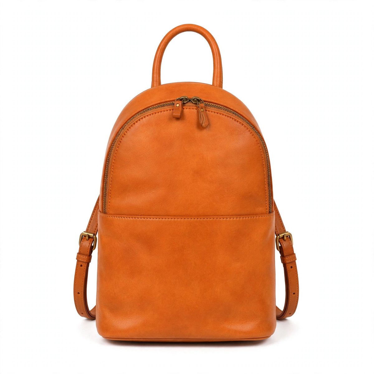 Women's orange leather mini backpack, front view