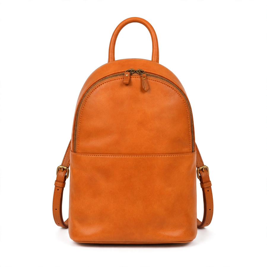 Women's Orange Leather Mini Backpack – Dome Zipper Backpack with Top Handle and Adjustable Strap