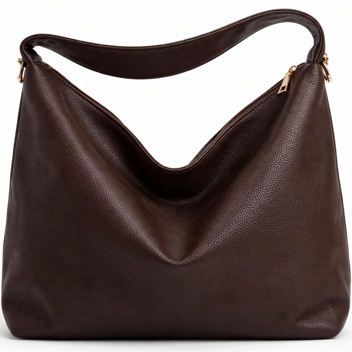 Women's large brown faux leather tote bag with zipper closure, front view