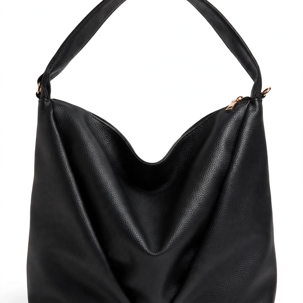 Women's large black faux leather tote bag with zipper closure, front view
