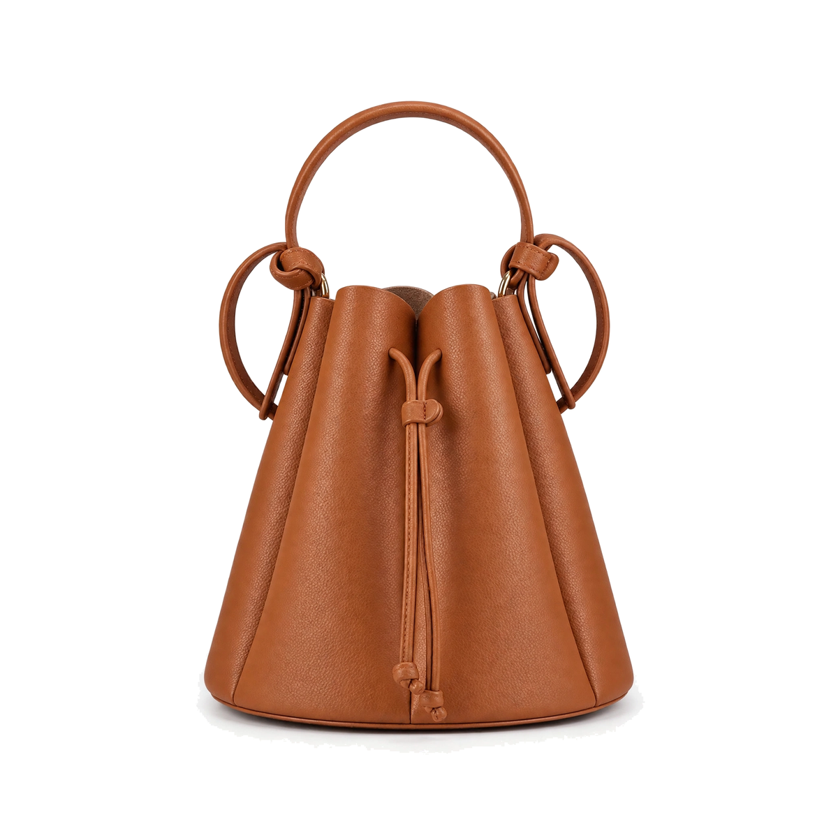 Women's Petal Bucket Bag – PU Leather Drawstring Crossbody Shoulder Handbag, Brown - front view