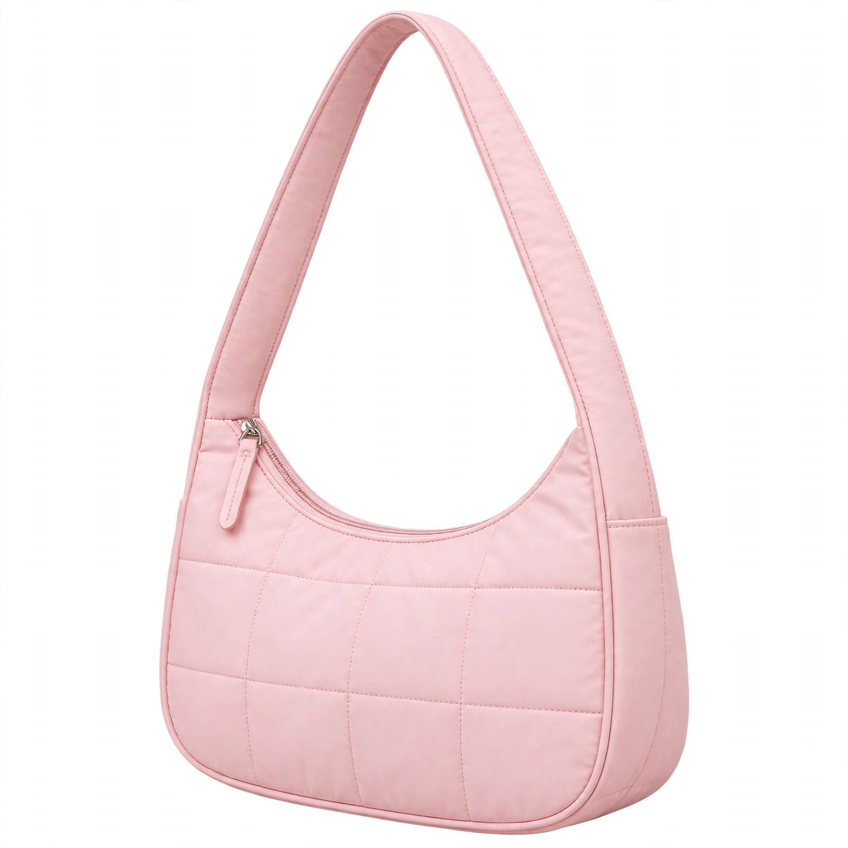 Pink quilted puffer shoulder bag, front view