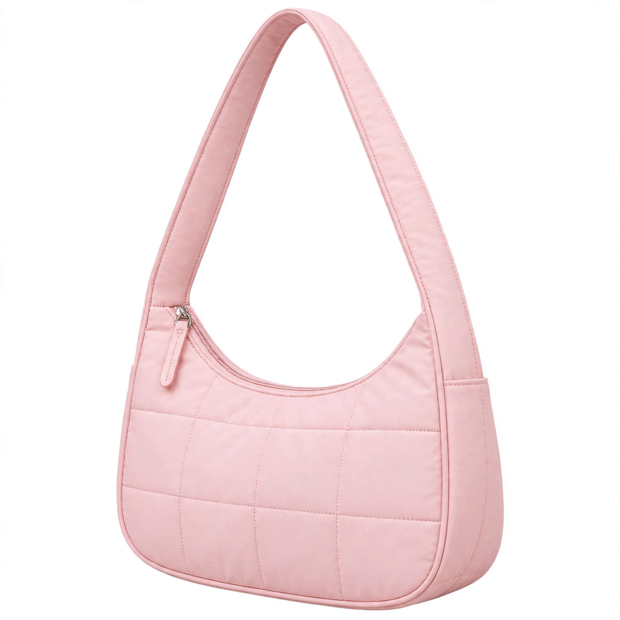 Women's Quilted Puffer Shoulder Bag – Lightweight Pink Nylon Hobo Tote with Adjustable Strap