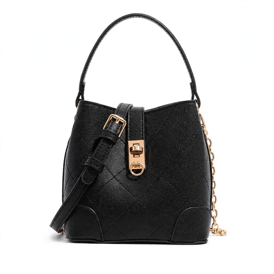Women's Genuine Leather Diamond Quilted Shoulder Bag – Black Bucket Tote with Gold Turn-Lock Clasp