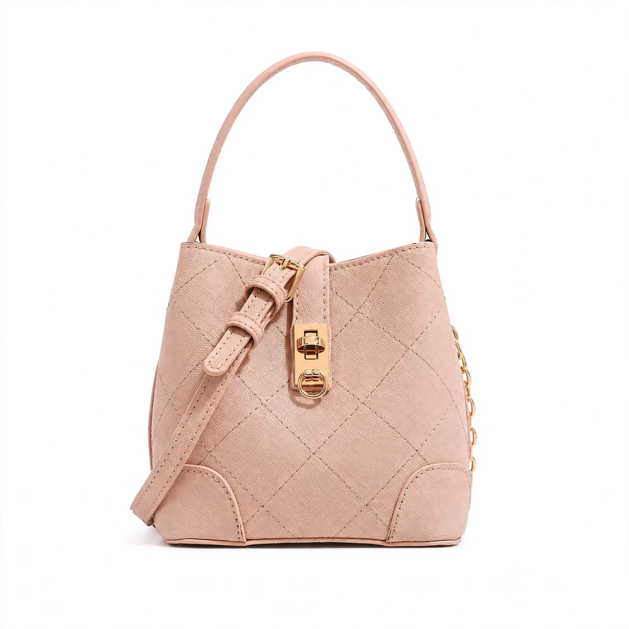 Women's Genuine Leather Diamond Quilted Shoulder Bag – Rice Apricot Bucket Tote with Gold Turn-Lock Clasp