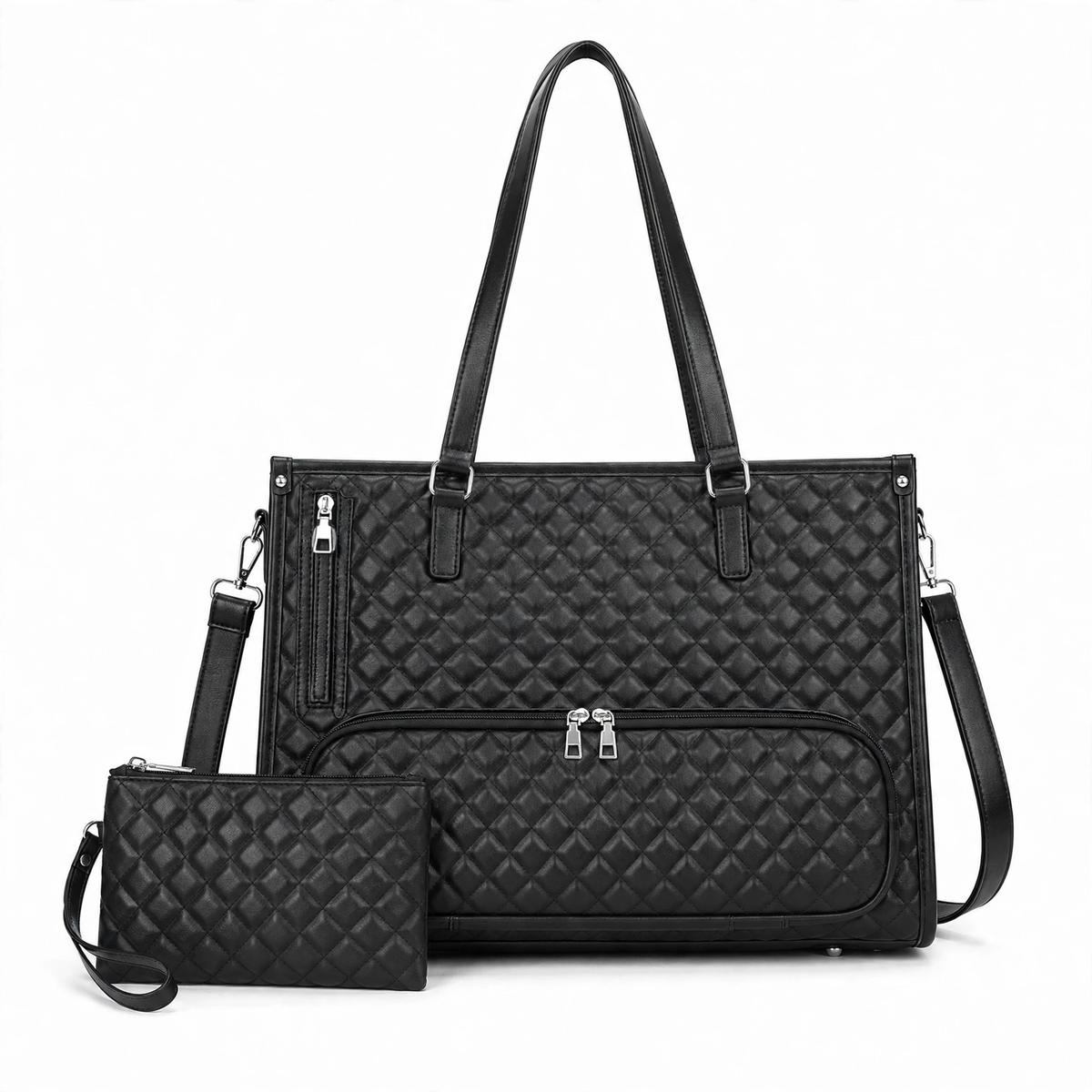 Front view of the black quilted PU leather insulated lunch tote with matching pouch