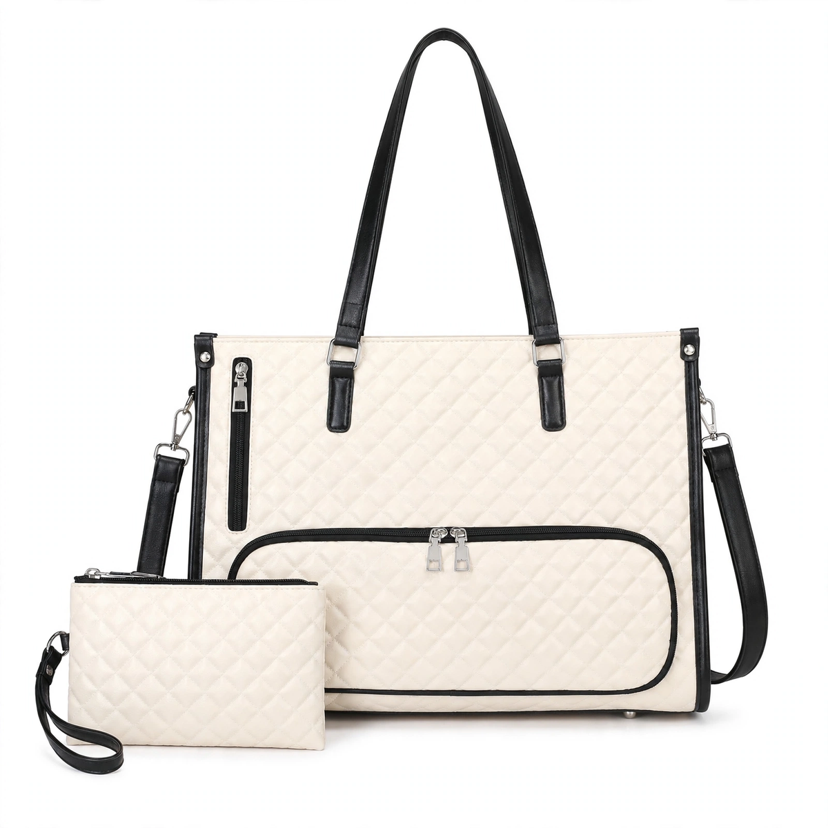 Front view of the white quilted PU leather insulated lunch tote with black trim and matching pouch