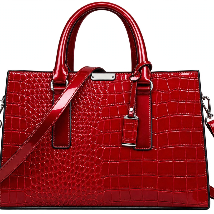 Women's Crocodile Embossed Tote Bag – Red Glossy Faux-Leather Handbag with Shoulder Strap