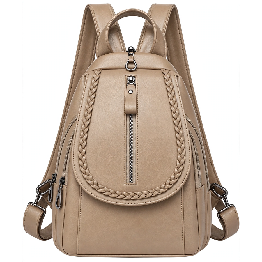 Women's Beige Soft Leather Mini Backpack – Adjustable Strap Shoulder Bag