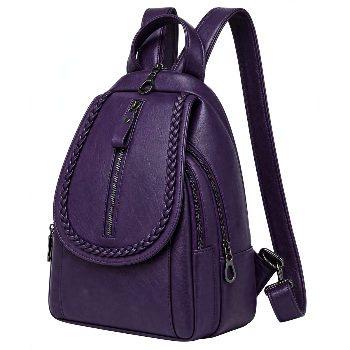 Purple soft leather mini backpack, front view with braided trim and center zipper pocket