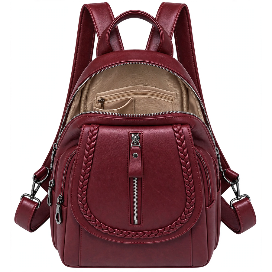 Women's Red Soft Leather Mini Backpack – Adjustable Strap Shoulder Bag