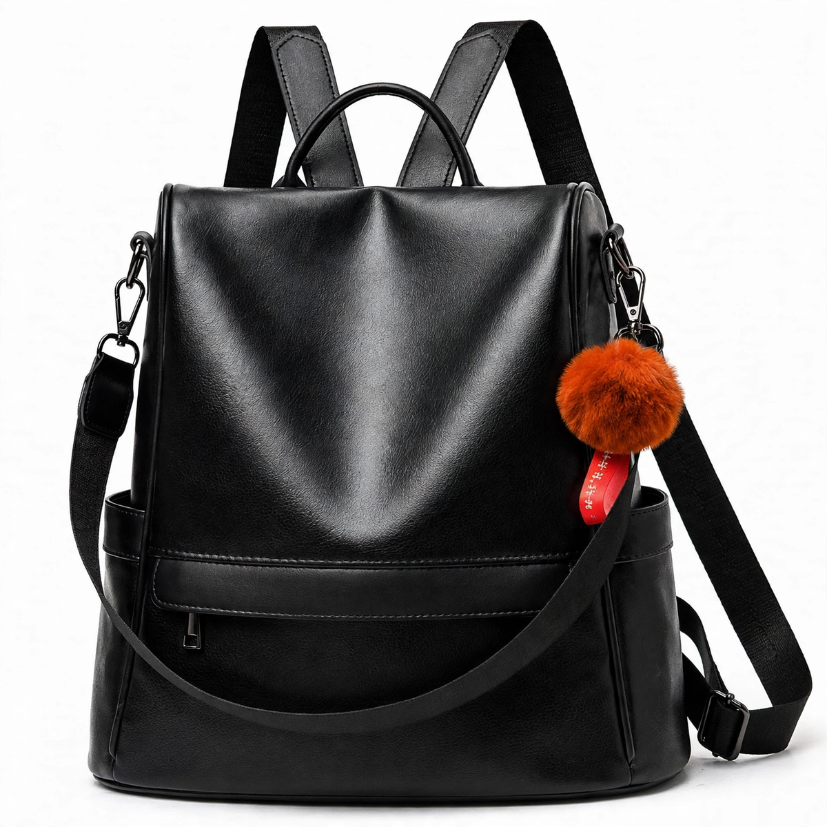 Women's vintage leather backpack in black, front view