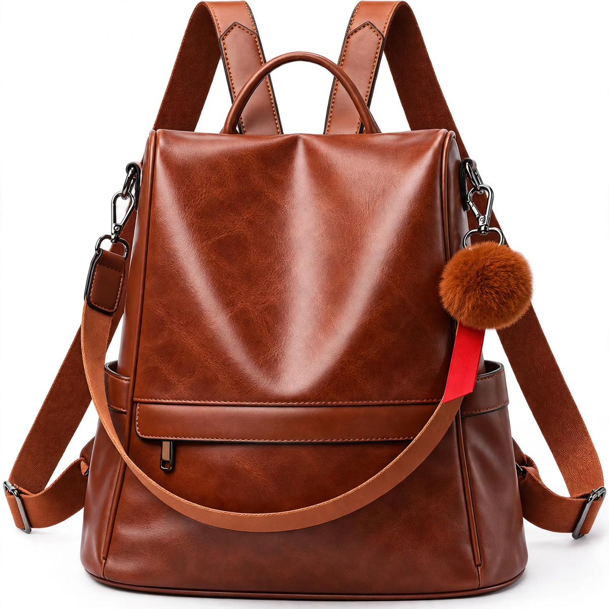 Women's vintage leather backpack in brown, front view
