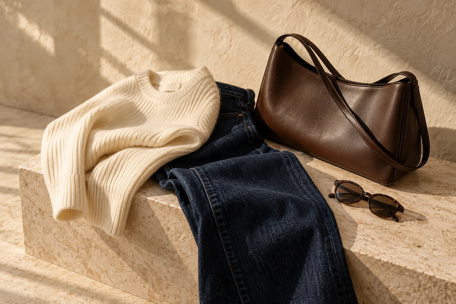 Knitwear, denim, a shoulder bag and sunglasses