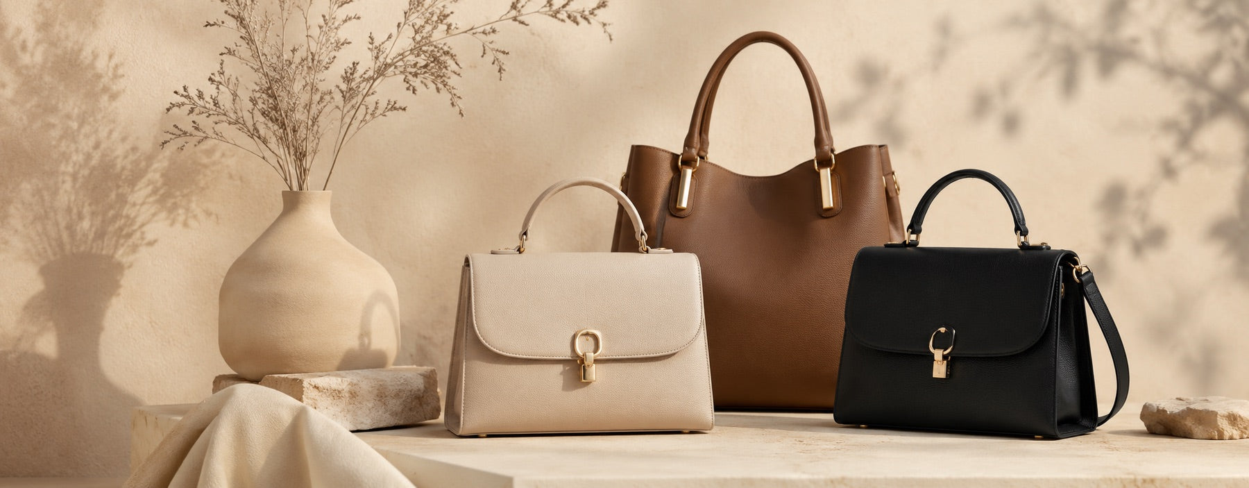 A collection of neutral and black handbags